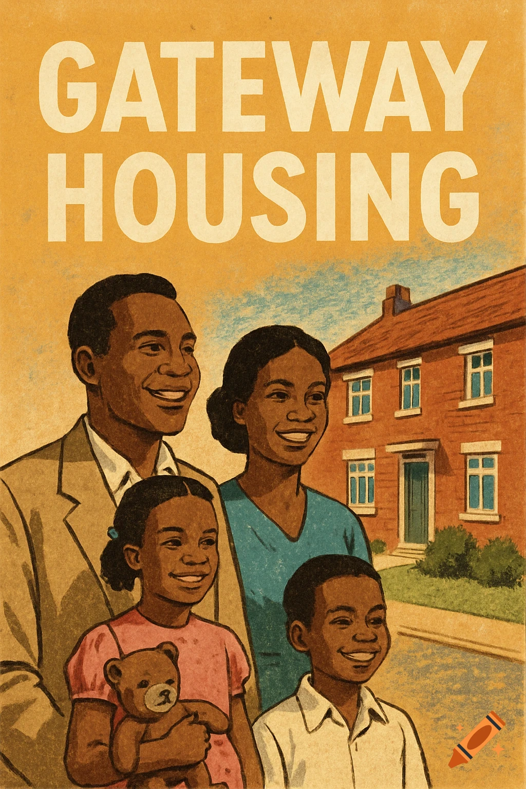 A vintage-style poster showing a smiling Black family in front of a brick house, with 'GATEWAY HOUSING' text.