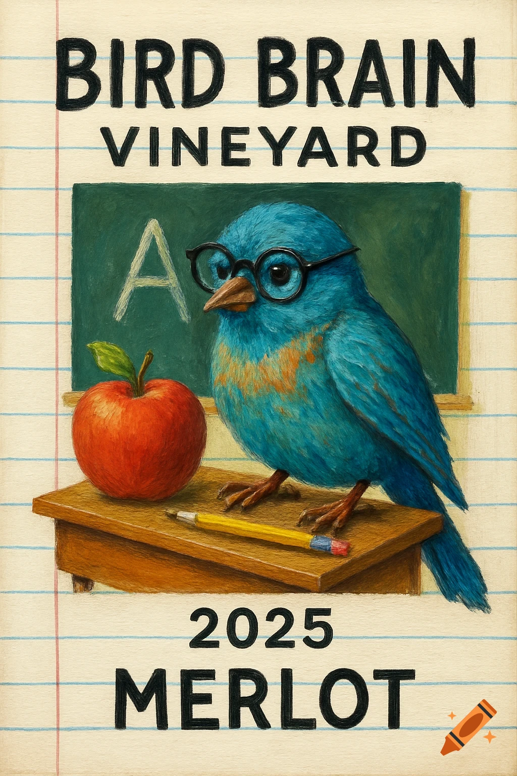 An illustration of a blue bird wearing glasses on a school desk with an apple and pencil, in front of a chalkboard. Text reads 'BIRD BRAIN VINEYARD 2025 MERLOT'.