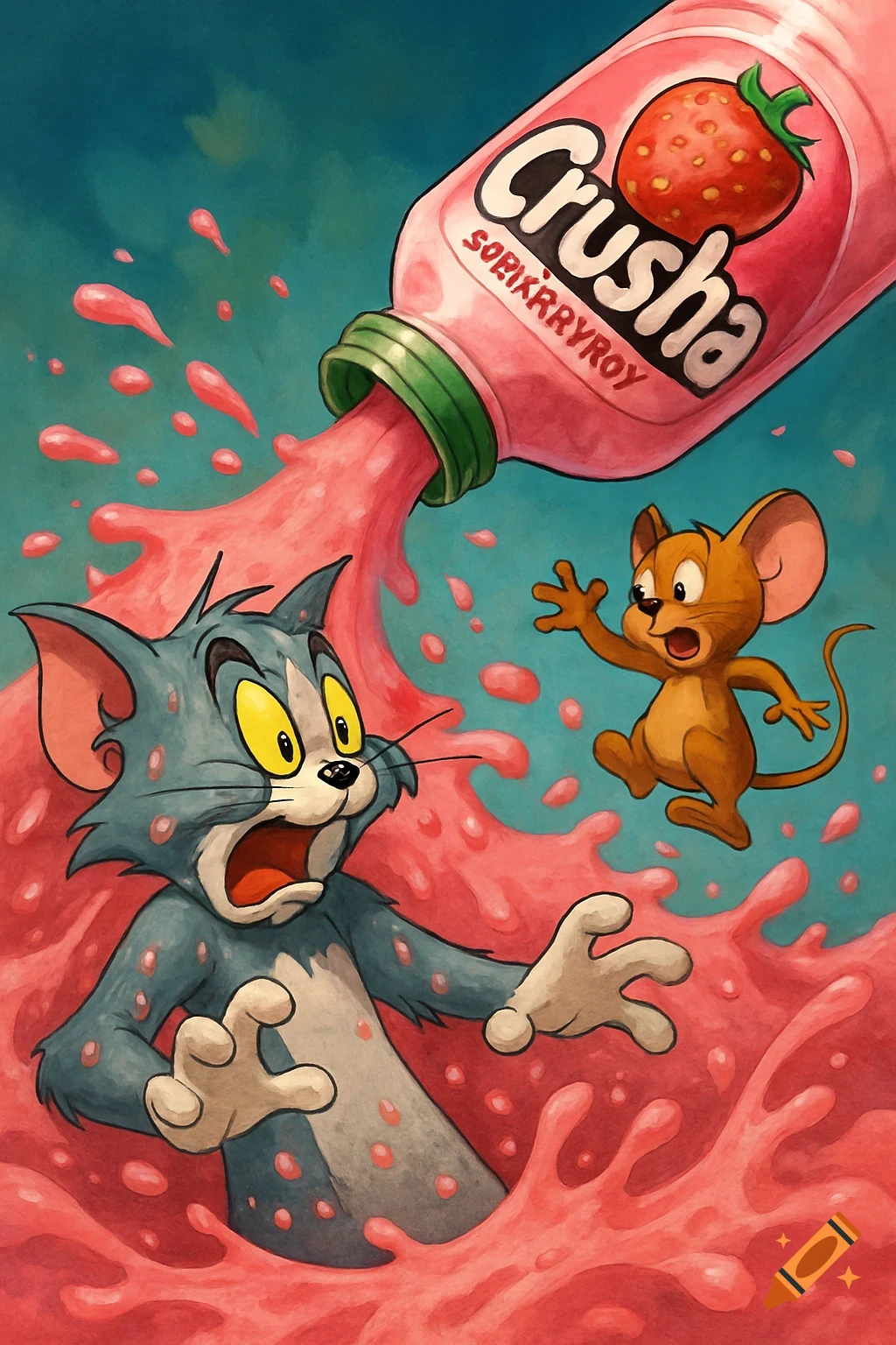 Tom and Jerry cartoon of Tom screaming and Jerry raising his hands, both covered in pink liquid spilling from a giant "Crusha" bottle.