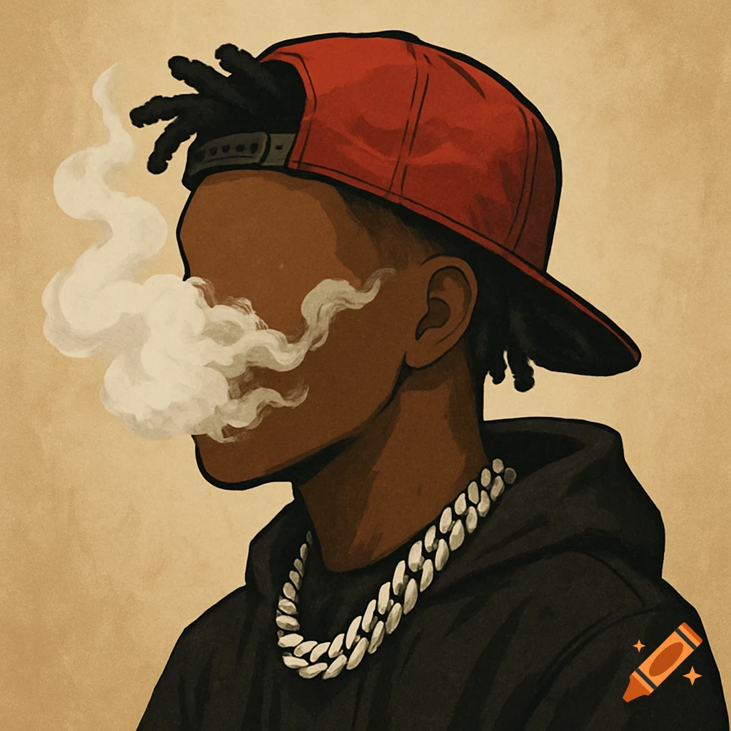 Stylized illustration of a person with dark skin, wearing a red baseball cap and a large silver chain, with smoke obscuring their face.