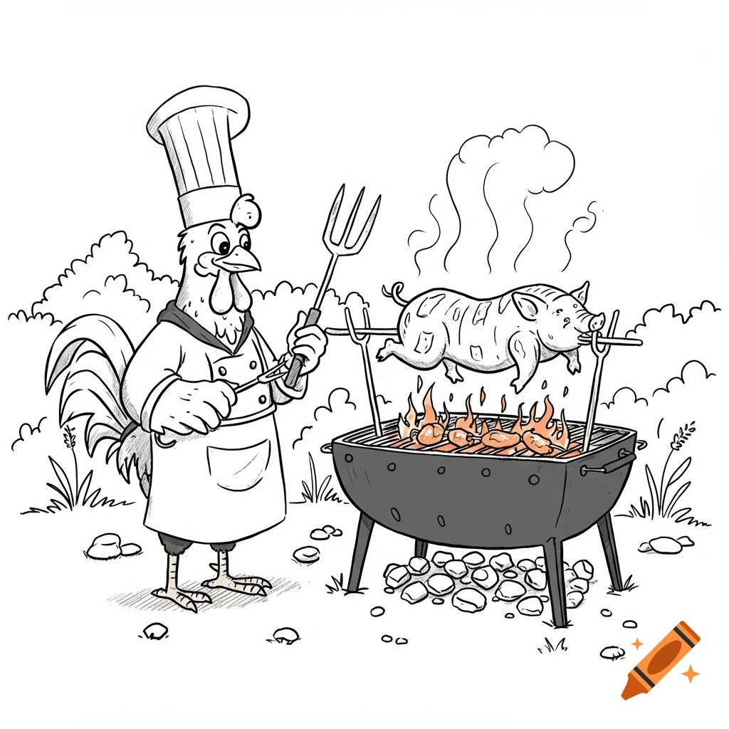 A black and white cartoon drawing of a rooster chef operating a barbecue with a pig roasting on a spit.