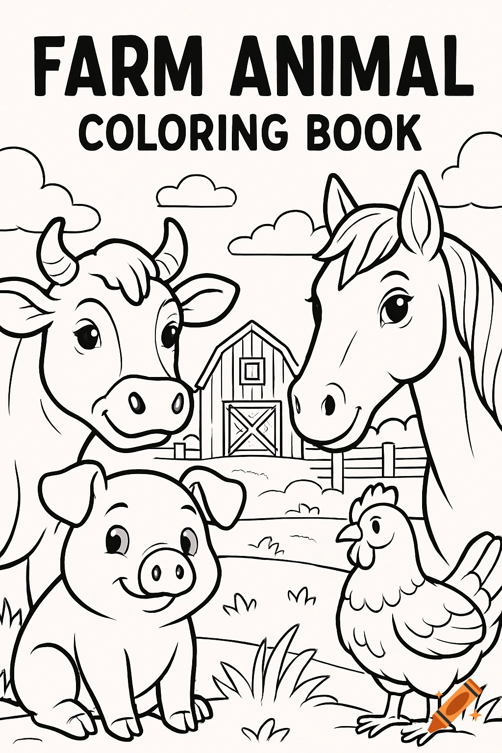 Black and white coloring book cover with a cow, horse, pig, and chicken in front of a barn, with text 'FARM ANIMAL COLORING BOOK'.