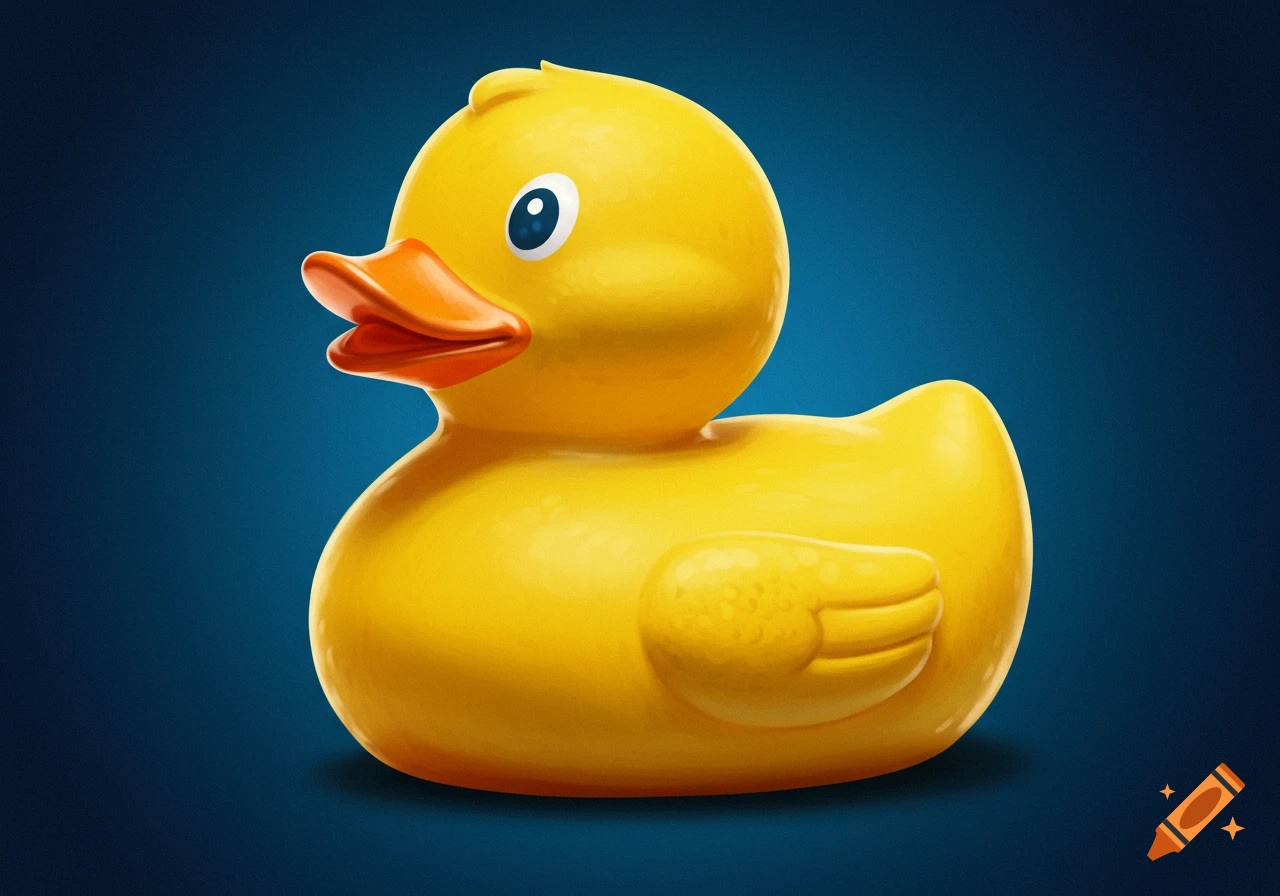 A bright yellow rubber duck with an orange beak sits on a dark blue background in an illustration style.