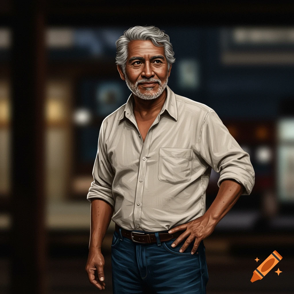 A realistic portrait of a middle-aged man with gray hair and beard, wearing a light shirt and jeans, standing with a hand on his hip.