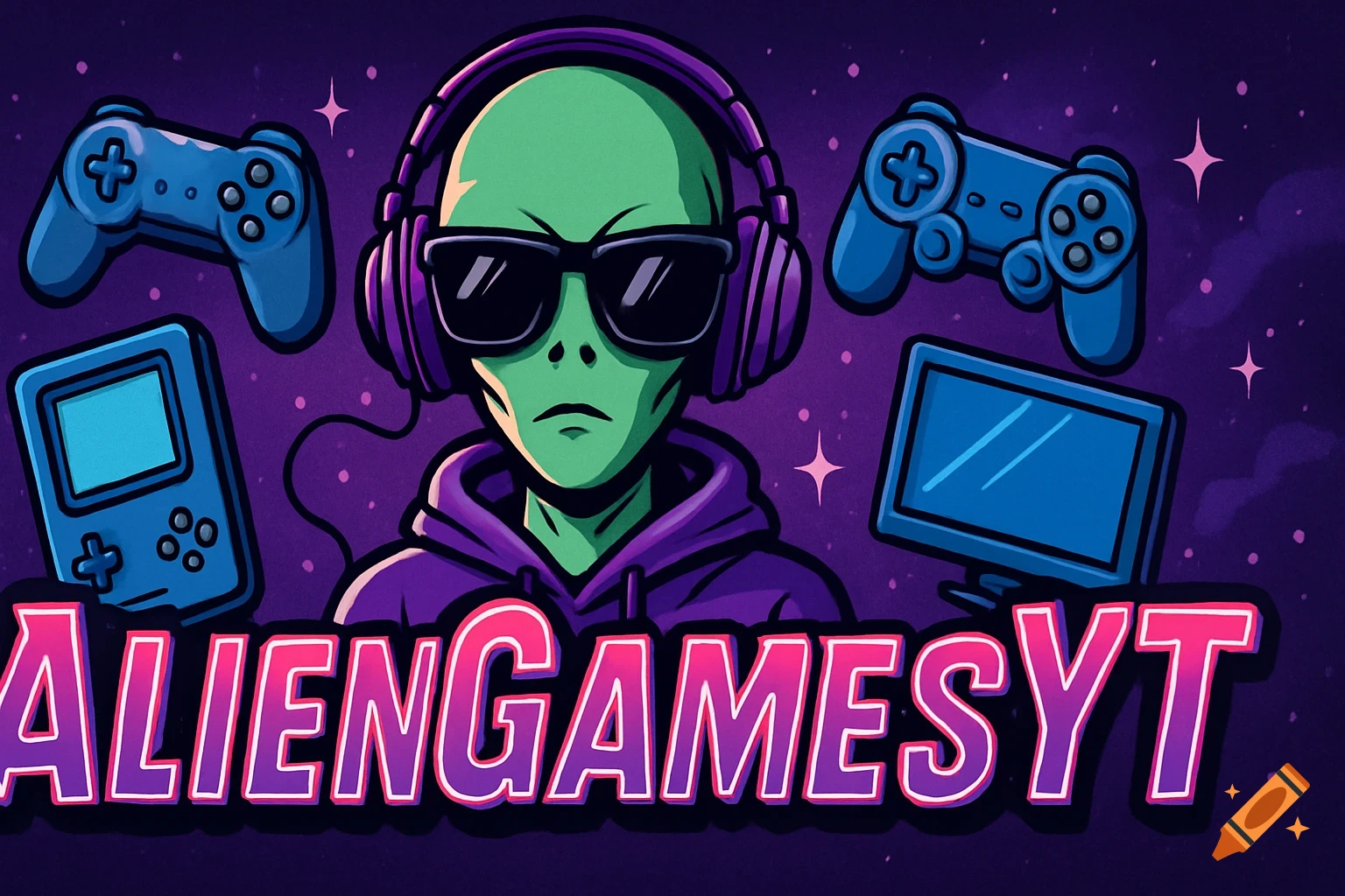 Digital illustration of a green alien with headphones and sunglasses, surrounded by gaming controllers and screens, on a purple galaxy background, with "ALIENGAMESYT" text.