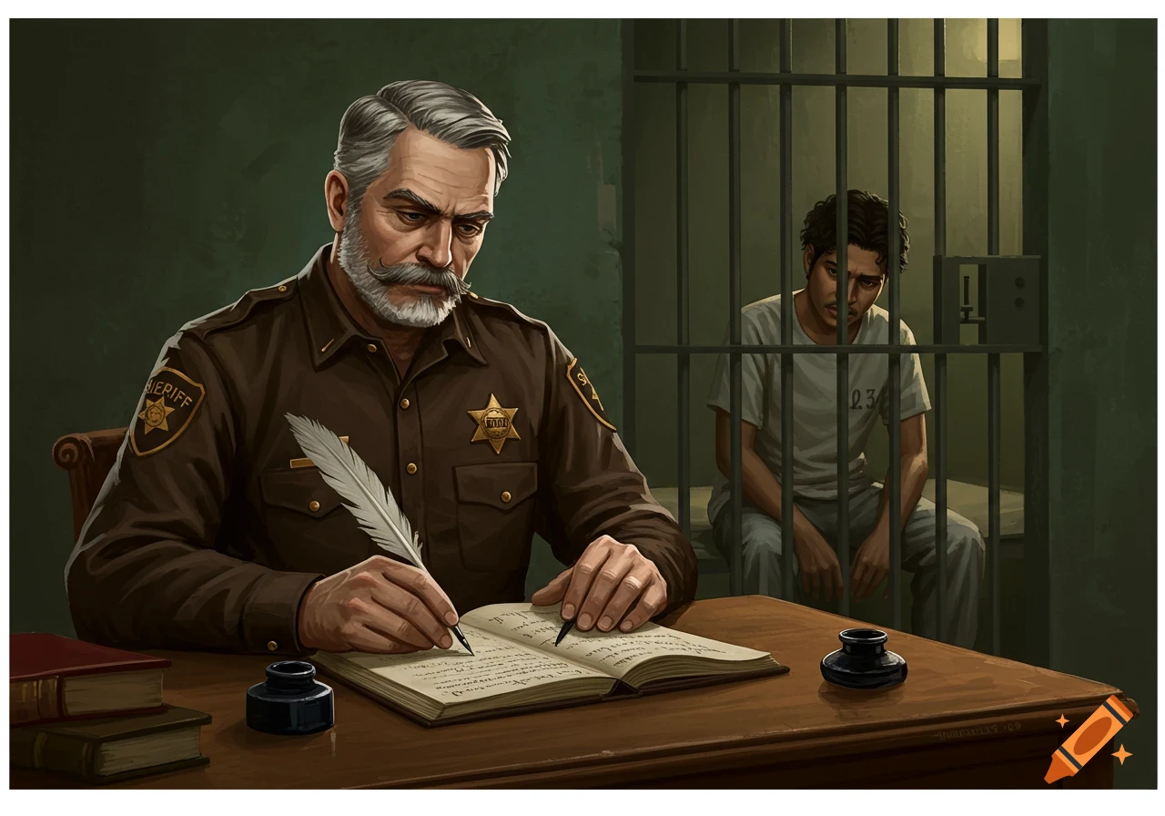 A grey-haired sheriff in a brown uniform sits at a wooden desk, writing with a quill and ink. Behind him, an inmate in a white t-shirt and grey pants sits dejectedly on a bed inside a jail cell, viewed through metal bars. The scene is lit softly with a green background.