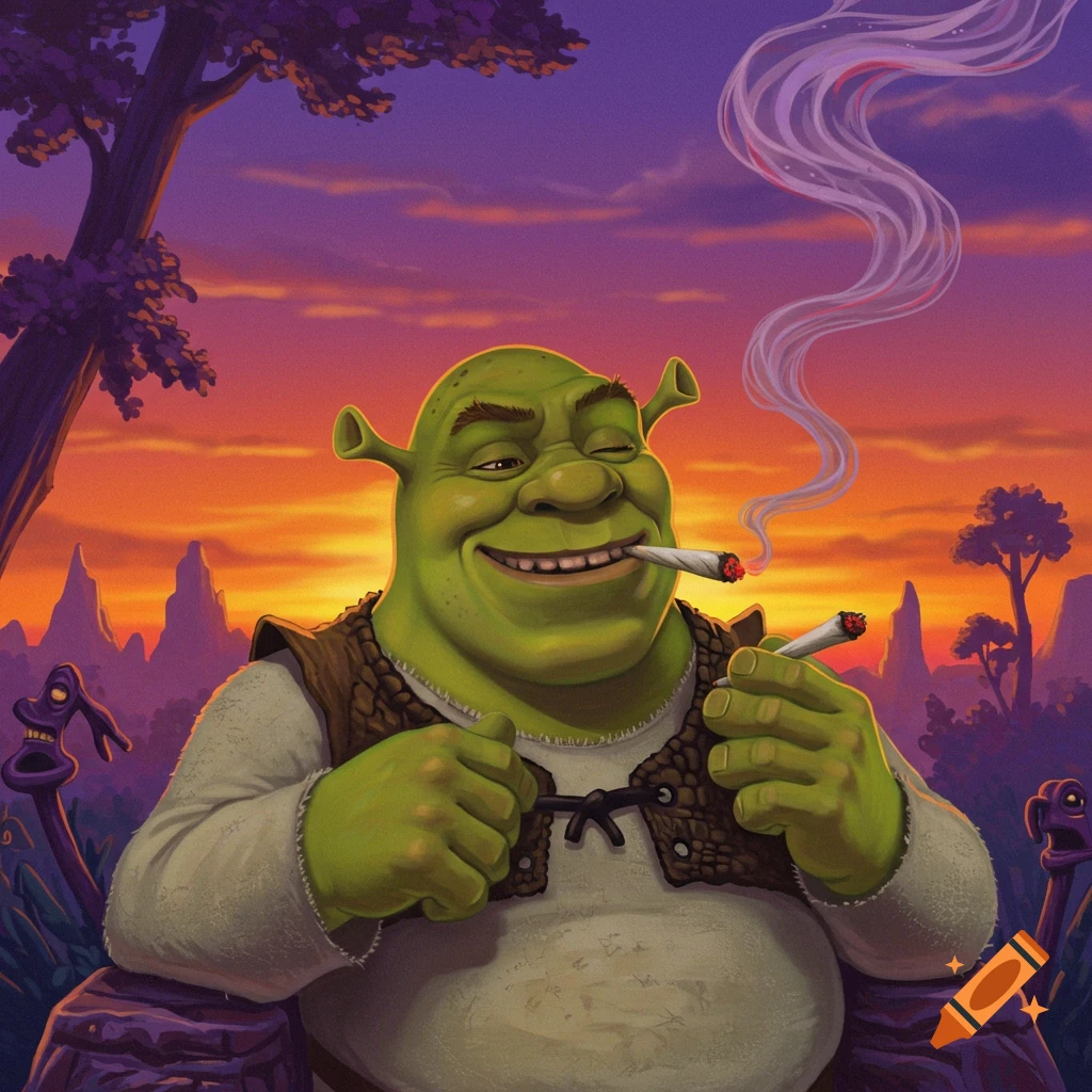 Winking Shrek smiles, smoking a joint and holding another, in a vibrant sunset fantasy landscape.