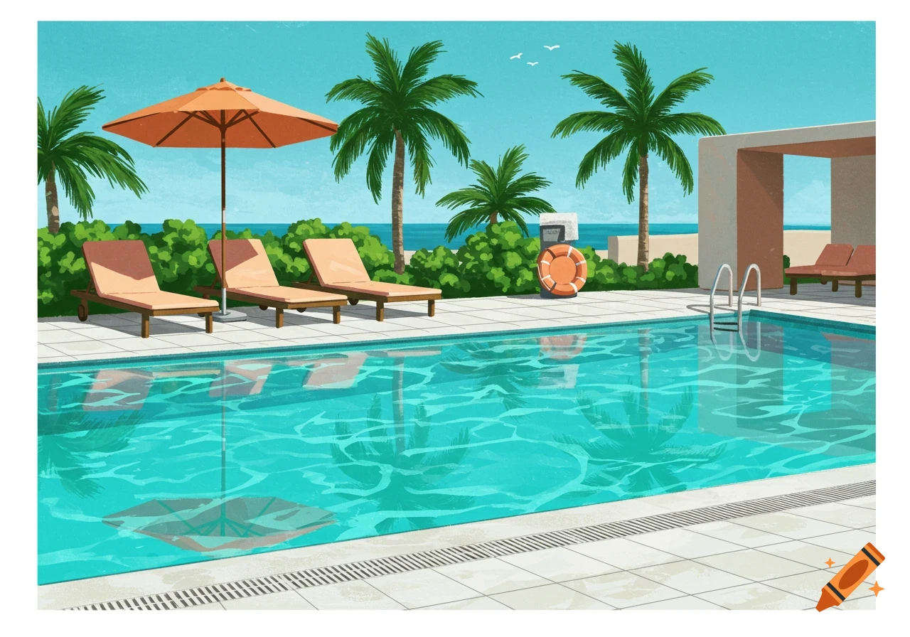 An illustrative depiction of a resort swimming pool with lounge chairs, an umbrella, palm trees, and the ocean in the background.