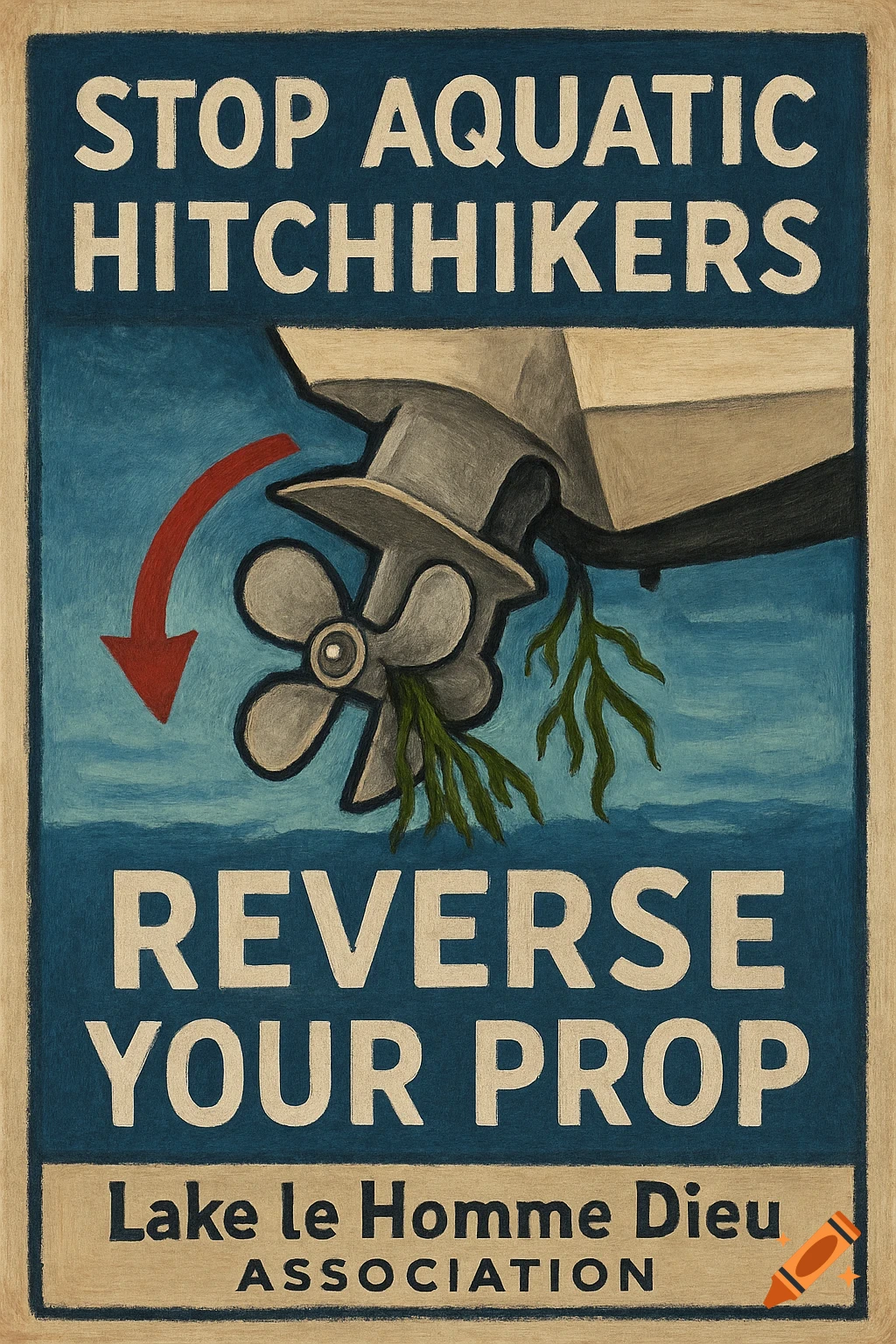 A vintage-style poster shows a boat motor's propeller tangled in green aquatic weeds, with text "STOP AQUATIC HITCHHIKERS" and "REVERSE YOUR PROP".