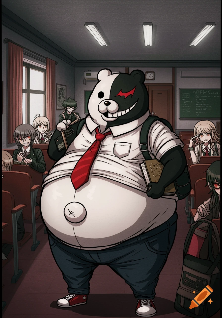Monokuma, with a giant belly and a red tie, stands in a Danganronpa-style classroom surrounded by students.