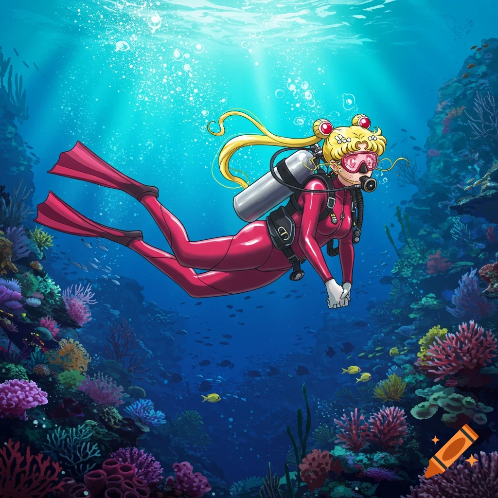 Sailor Moon scuba diving in a red wetsuit, mask, and flippers, swimming over a vibrant coral reef with fish.