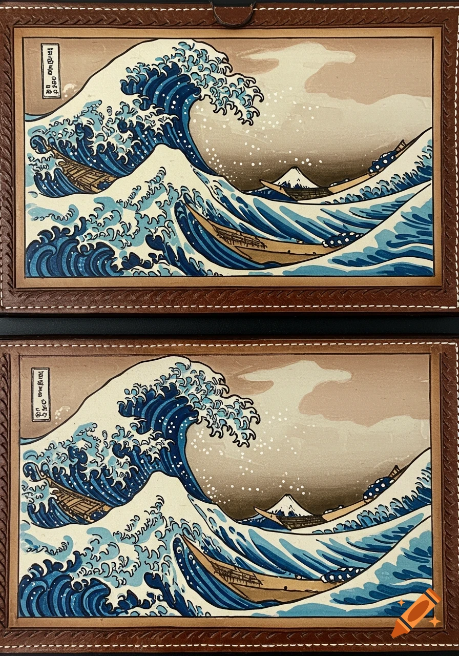A hand-tooled leather pool cue case featuring Hokusai's 'The Great Wave off Kanagawa' across two panels.
