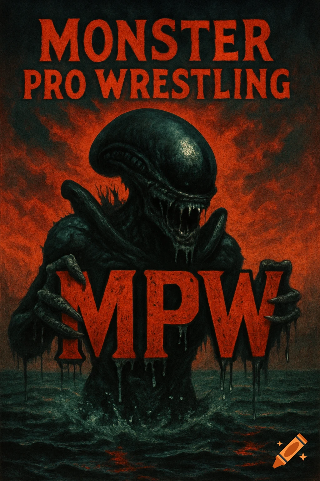 Dark, gritty horror poster of a black alien monster rising from water, holding red 'MPW' letters, with 'MONSTER PRO WRESTLING' text above.