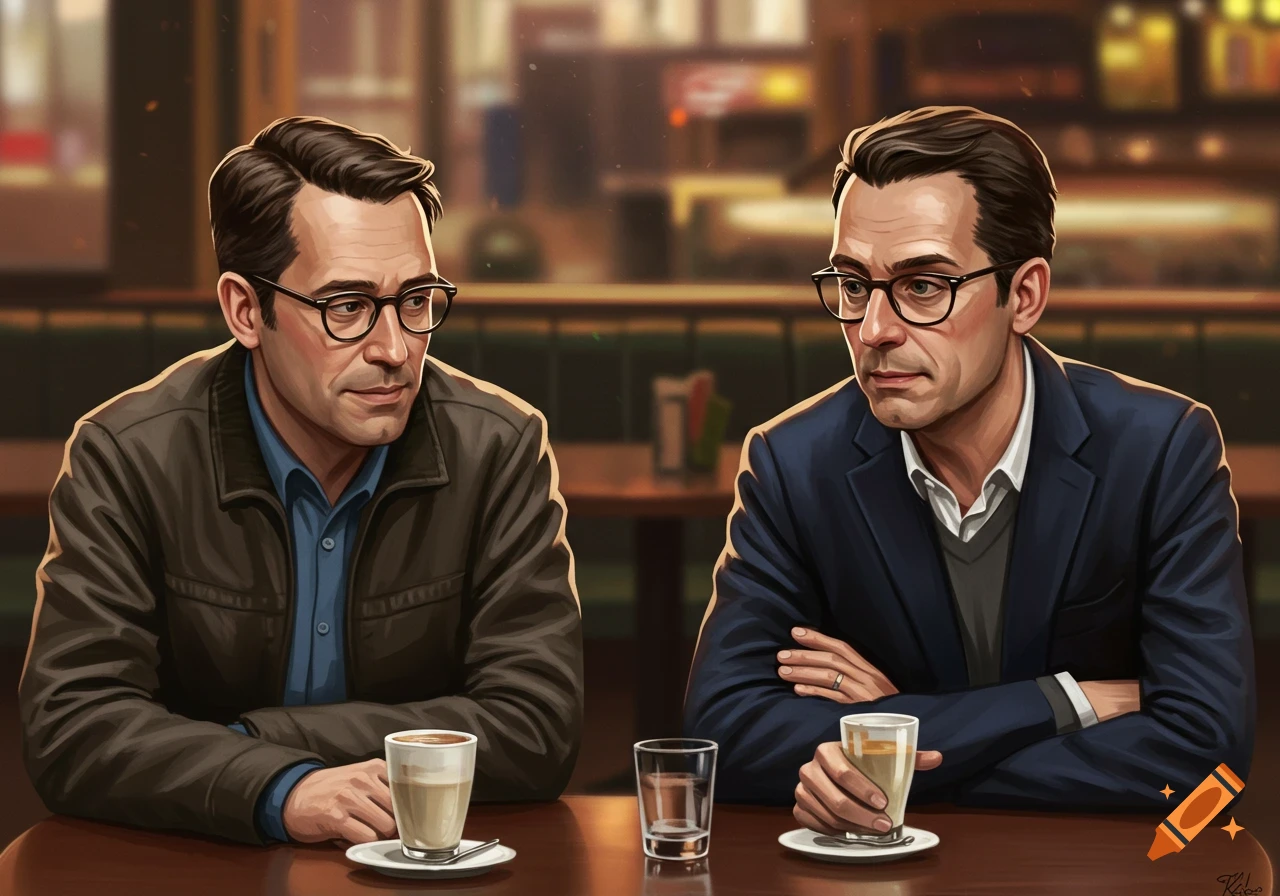 Digital illustration of two men with glasses sitting at a table in a cafe with drinks.