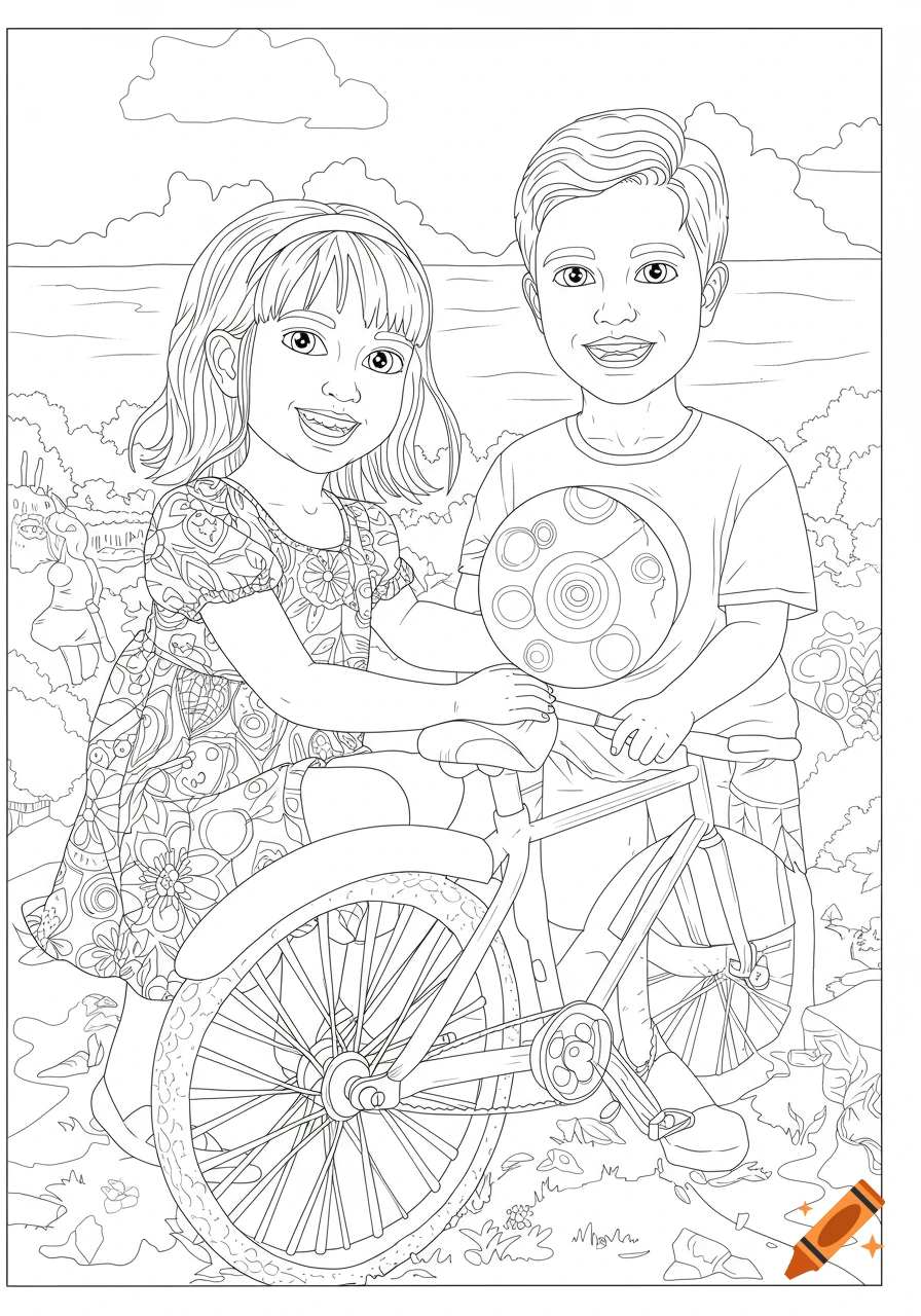 A black and white coloring page of a smiling girl and boy standing next to a bicycle in an outdoor setting.