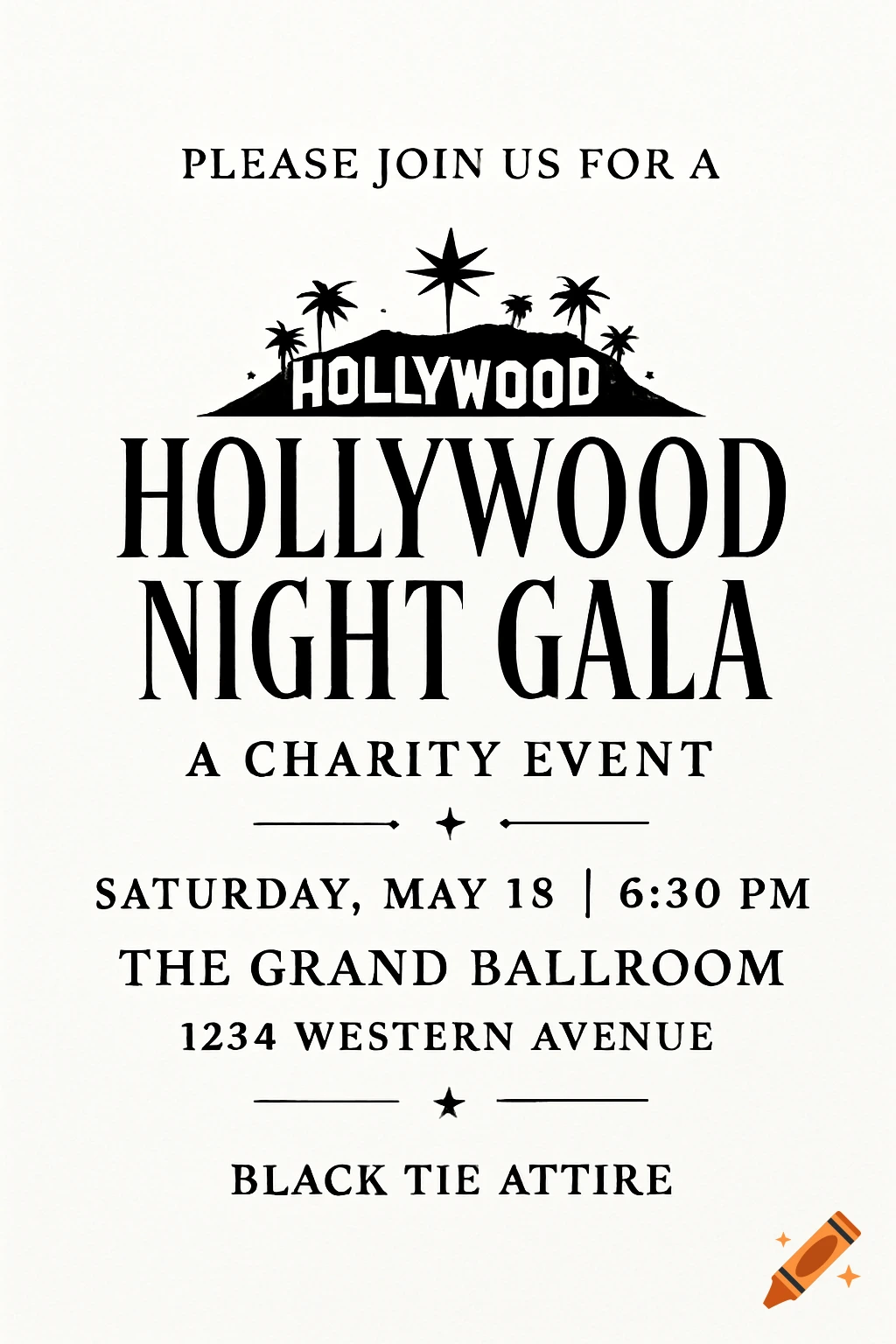 Black and white invitation for a Hollywood Night Gala charity event, featuring text details and a Hollywood hills silhouette.