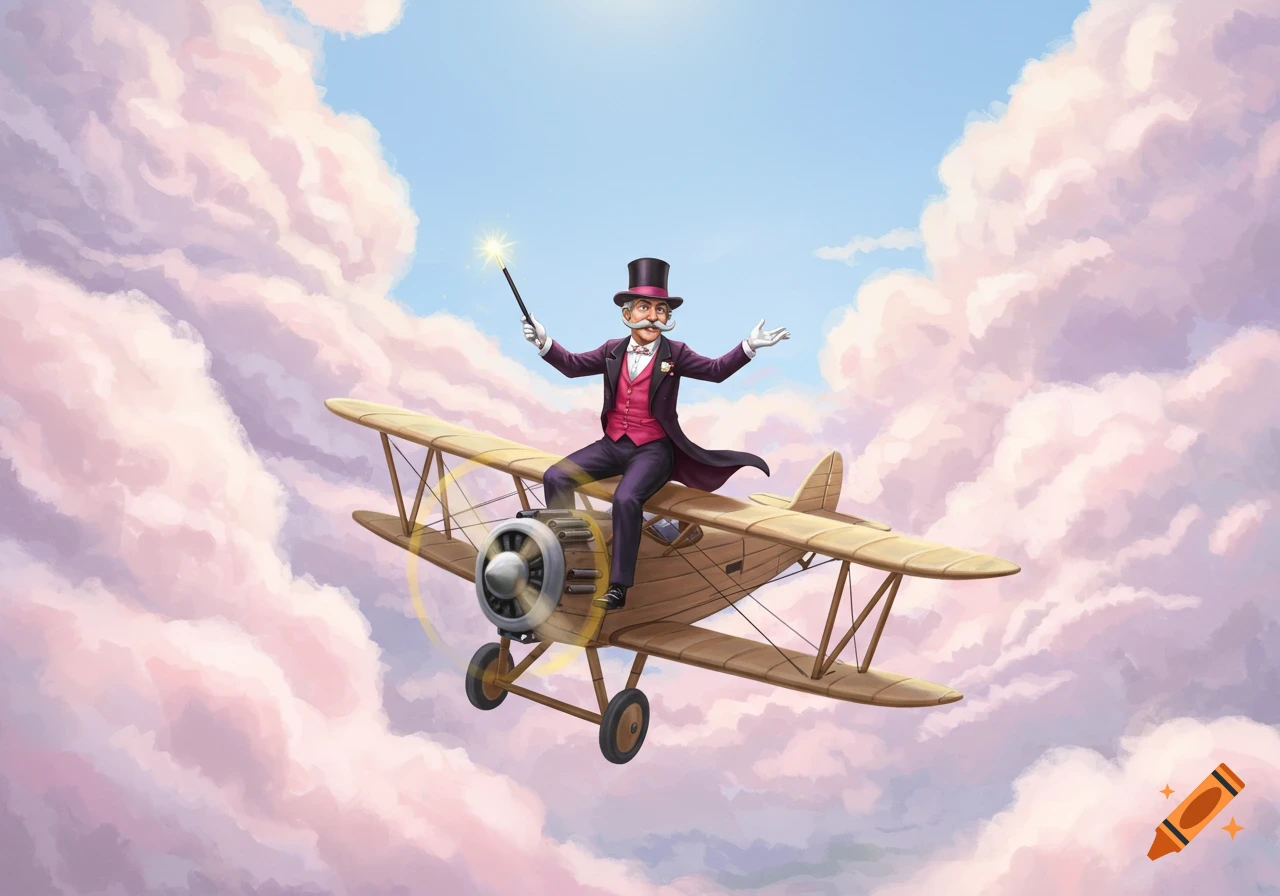 A whimsical magician in a top hat and purple suit rides on top of a biplane, flying through pink and white clouds in a bright blue sky.