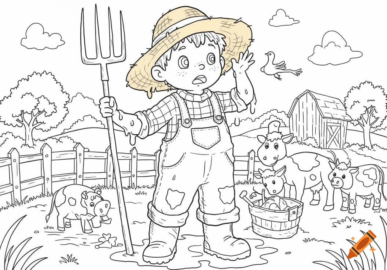 A line art coloring page depicts a young farmer boy holding a pitchfork, covered in mud or slop, surrounded by cows and a barn.