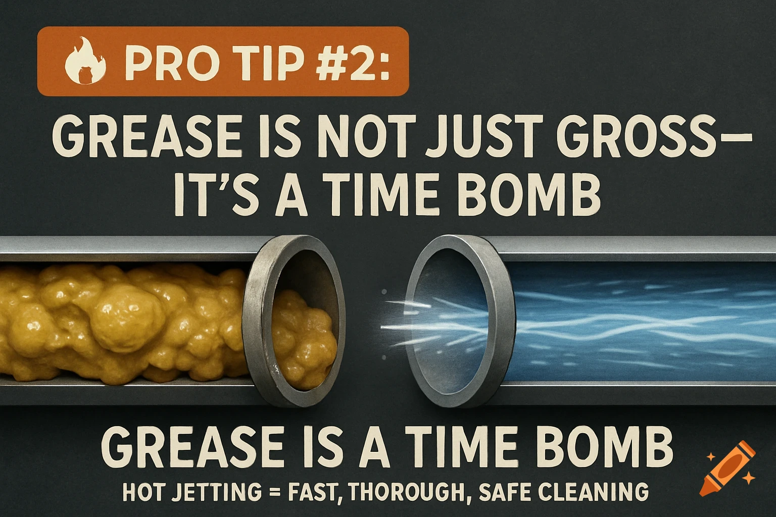 An informational graphic illustrating a pipe clogged with grease next to a clean pipe after hot jetting, with text about grease being a time bomb.