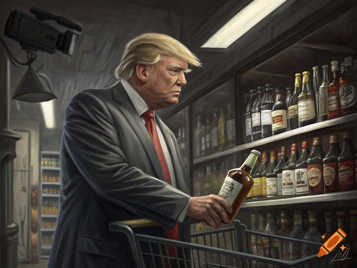 Donald Trump in a liquor store, holding a bottle and looking at shelves of alcohol, with a shopping cart.