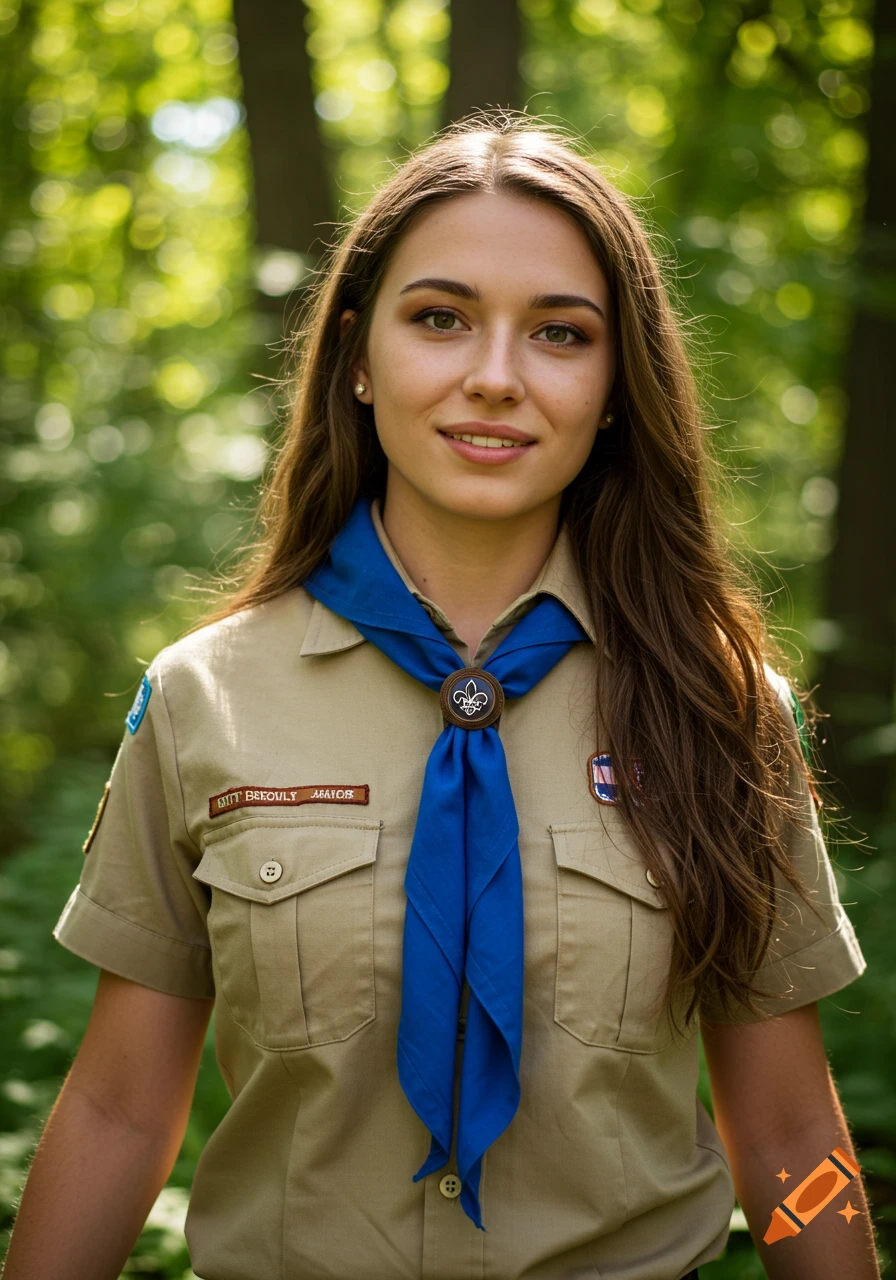 A young woman in a tan scout uniform with a blue neckerchief smiles in a forest.