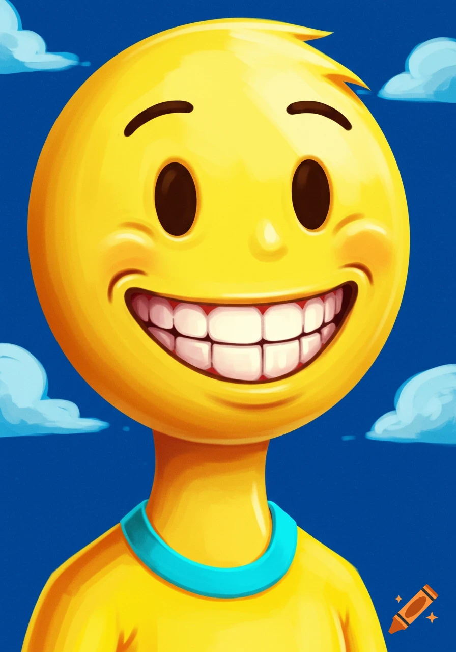 A cartoon smiley face character with a large grin and big white teeth, wearing a yellow shirt with a blue collar, against a blue sky.