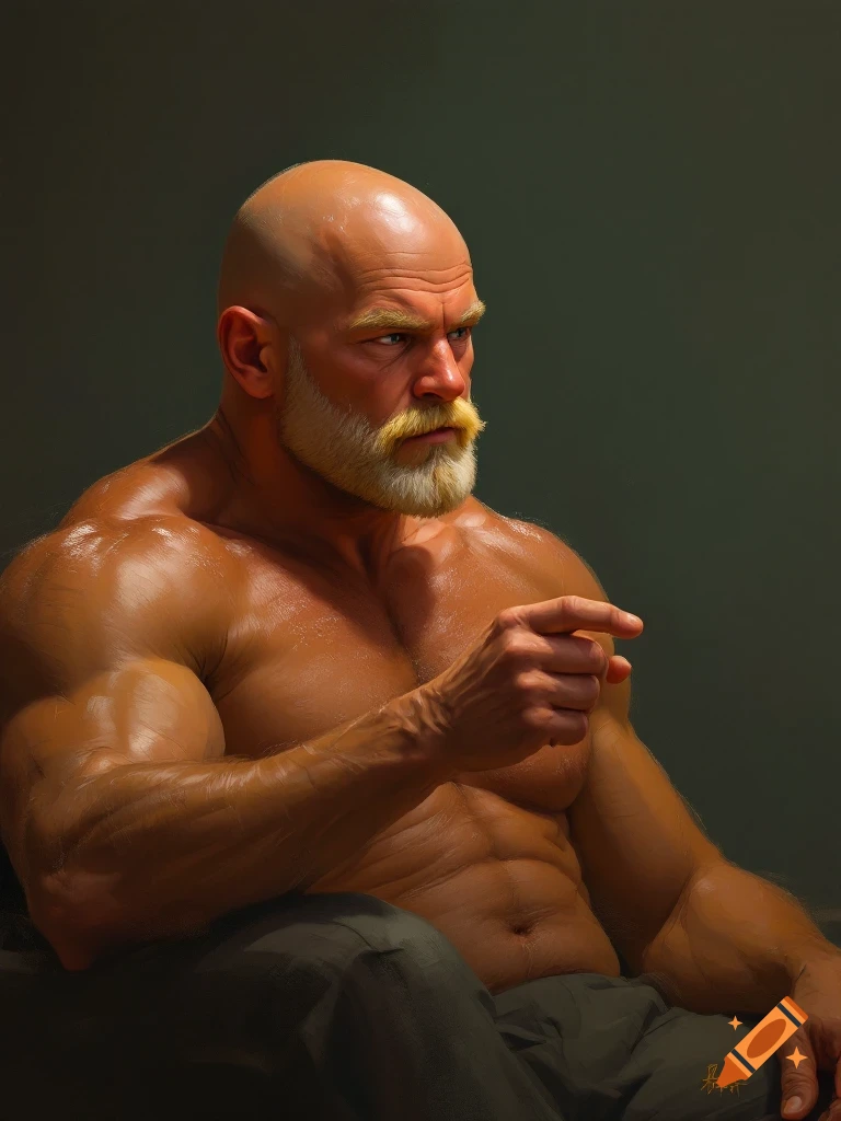 Hyperrealistic portrait of a bald, muscular man with a golden beard, pointing forward with an intense expression.