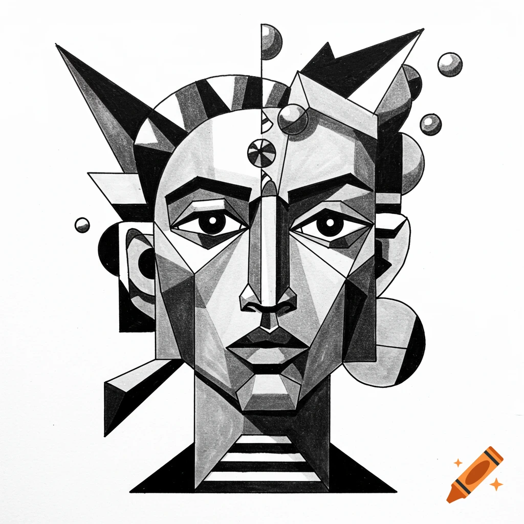 Abstract black and white cubist portrait composed of geometric shapes.