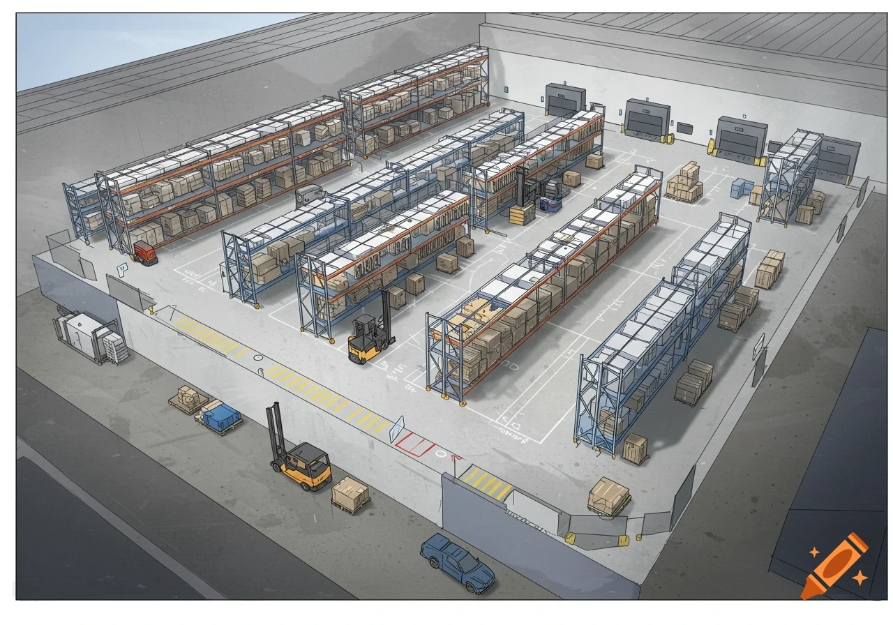 An overhead view of a large warehouse layout, featuring rows of tall shelving units stocked with boxes, forklifts, and multiple loading docks. The image is rendered in a clean, diagrammatic style with blueprint-like markings on the floor.