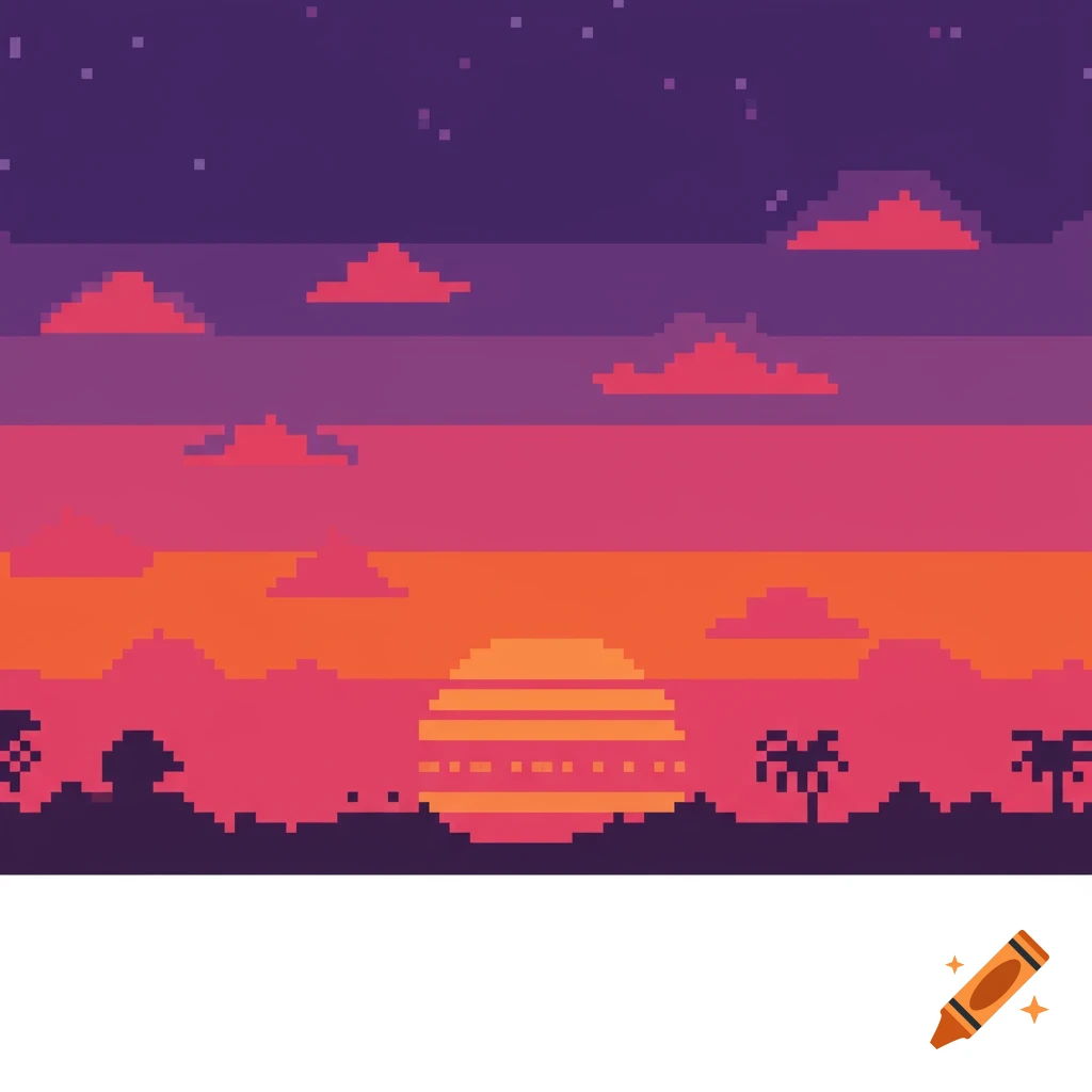 Pixel art landscape of a sunset with purple and orange skies, clouds, stars, and silhouetted trees.