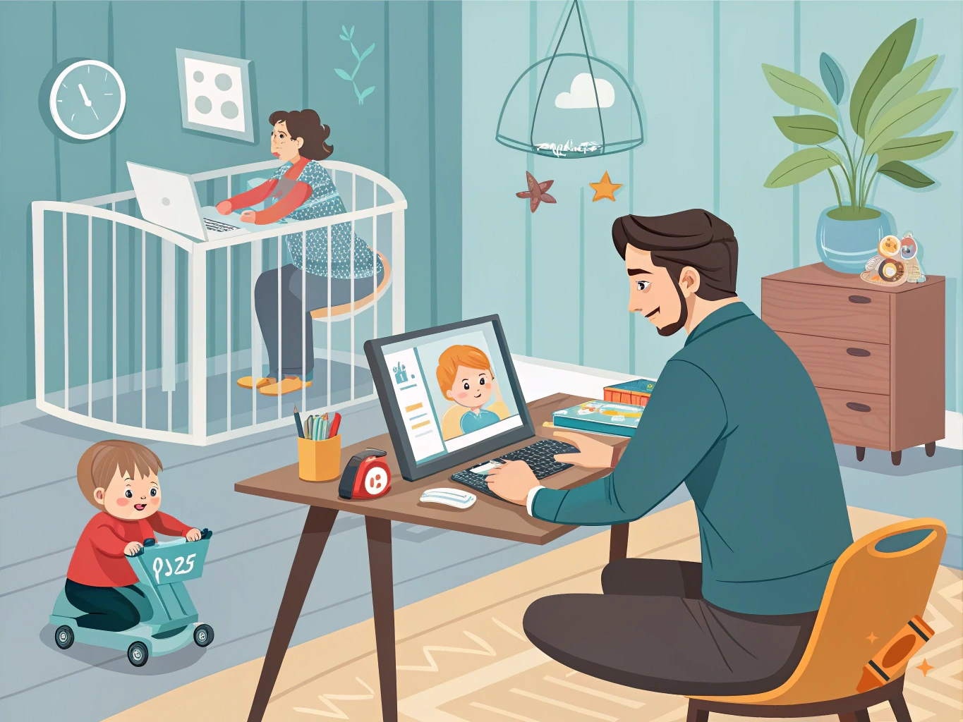 An illustration of a family working from home, with a father at a desk, a mother in a crib with a laptop, and a child on a toy car.