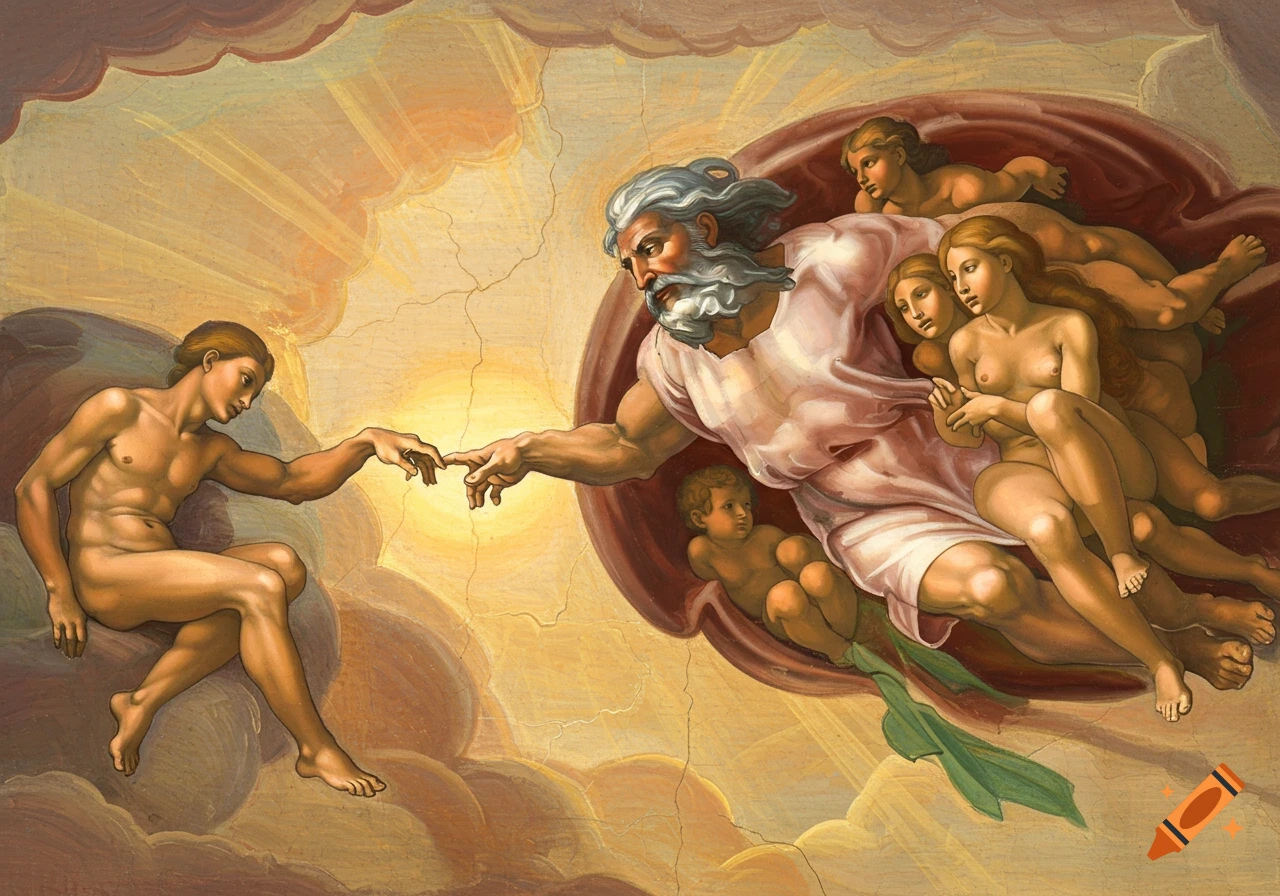 A classical painting of God extending his hand to Adam, both surrounded by celestial figures and clouds.