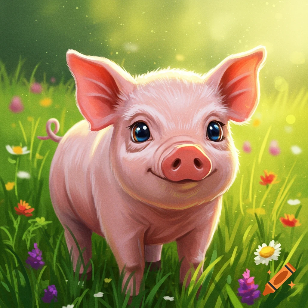A cute, pink, cartoon pig stands in a vibrant green field with colorful flowers under bright sunlight.