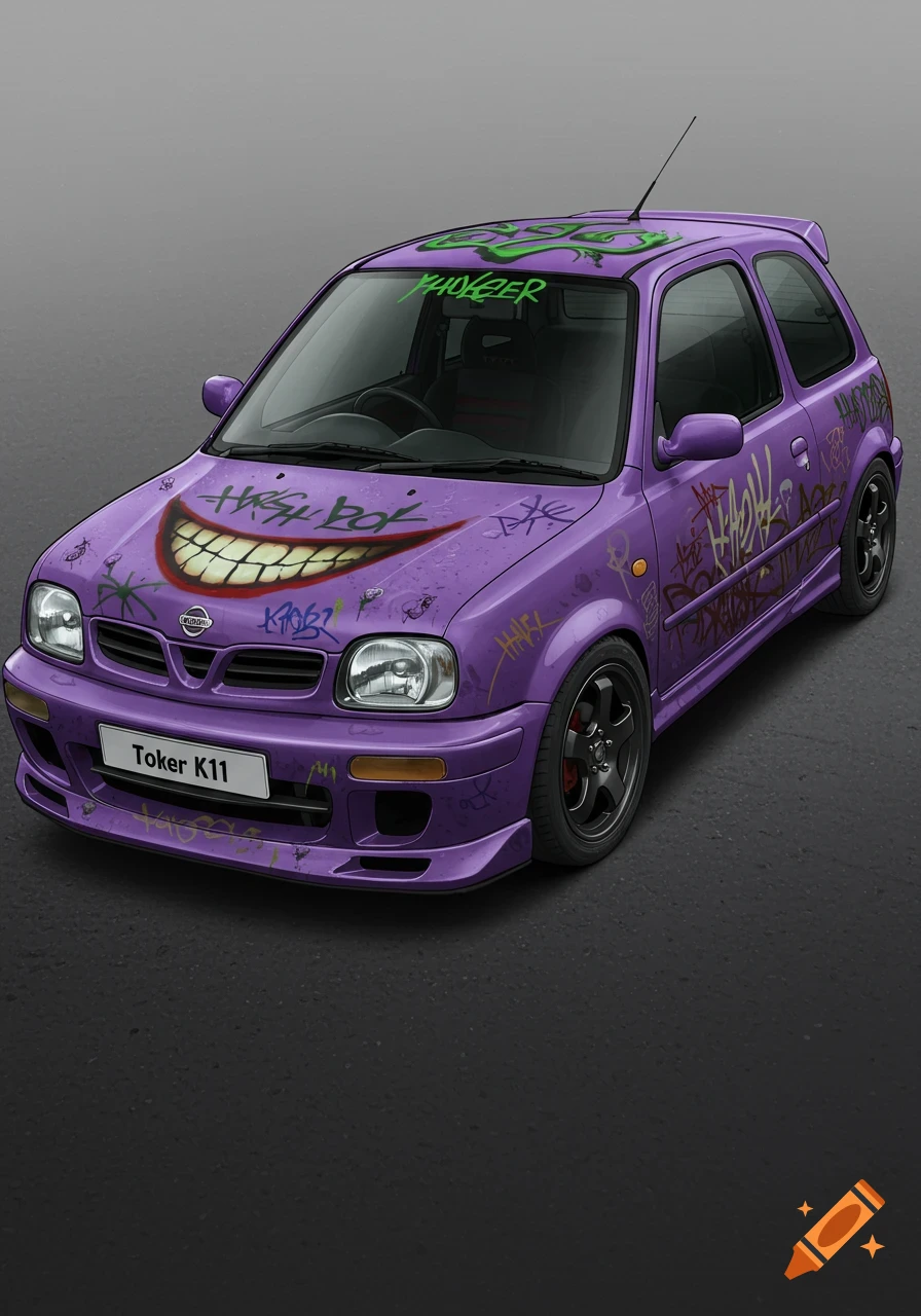 A purple Nissan Micra customized with Joker-themed graffiti, featuring a large smile on the hood and stylized text on its body, on a gray background.