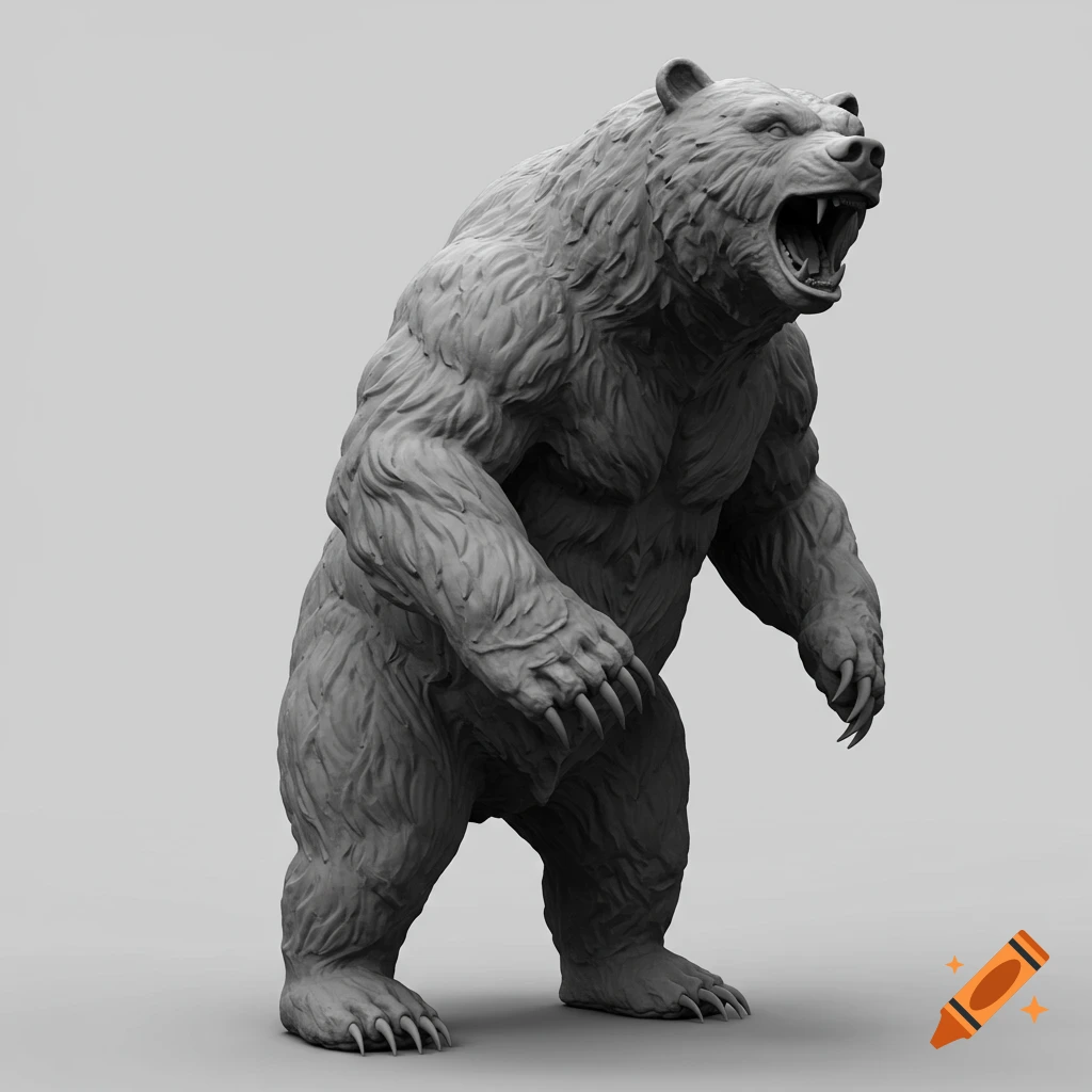 A stylized 3D model of an aggressive bear standing on its hind legs, roaring, rendered in a clay-like grey material against a plain background.