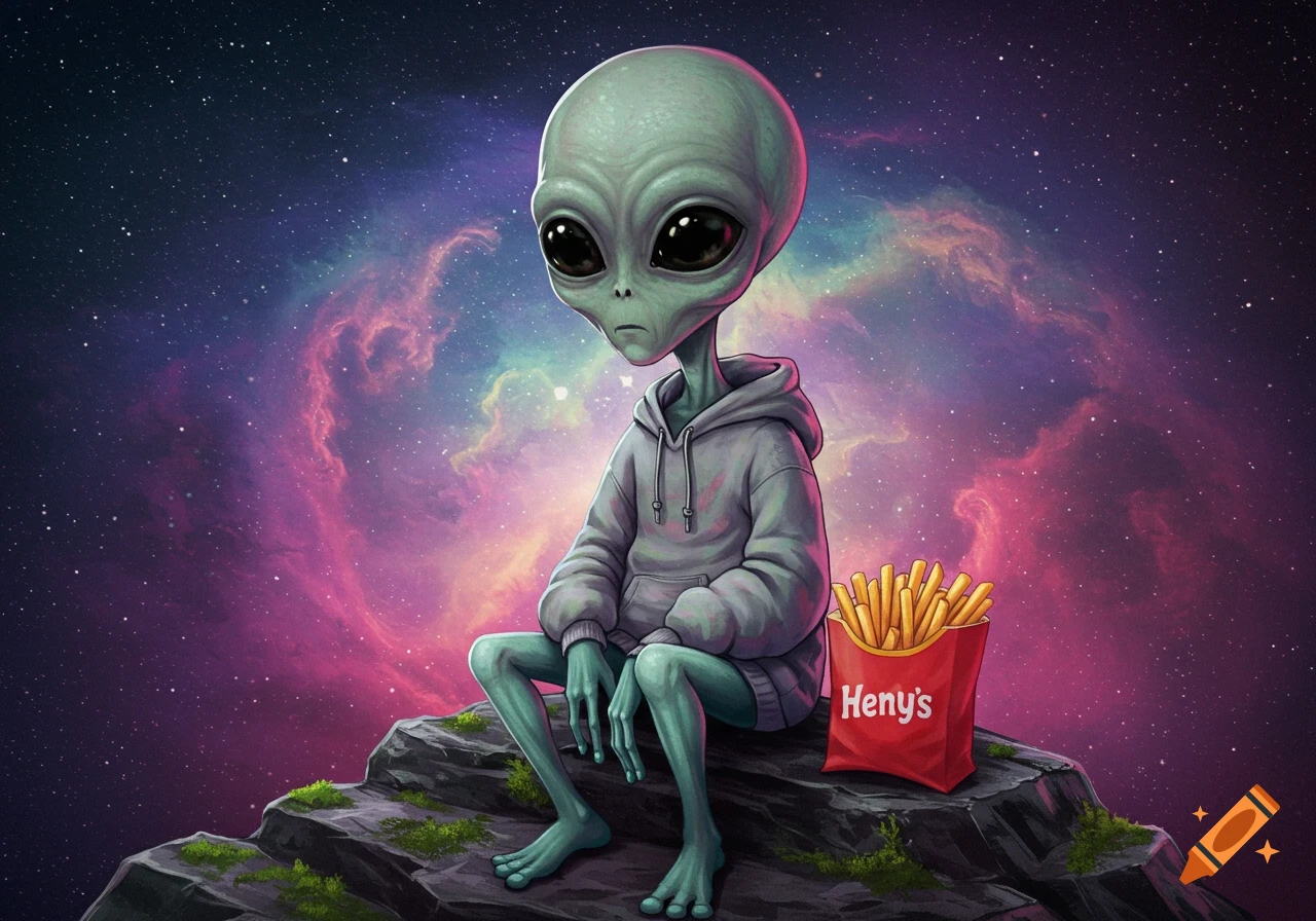 Cartoon alien in a grey hoodie sitting on a rock with a bag of fries, against a vibrant space background.