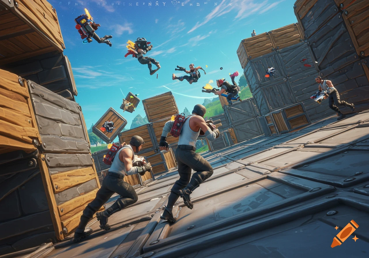 Fortnite-style characters engage in an aerial battle and ground pursuit on constructed platforms under a blue sky.