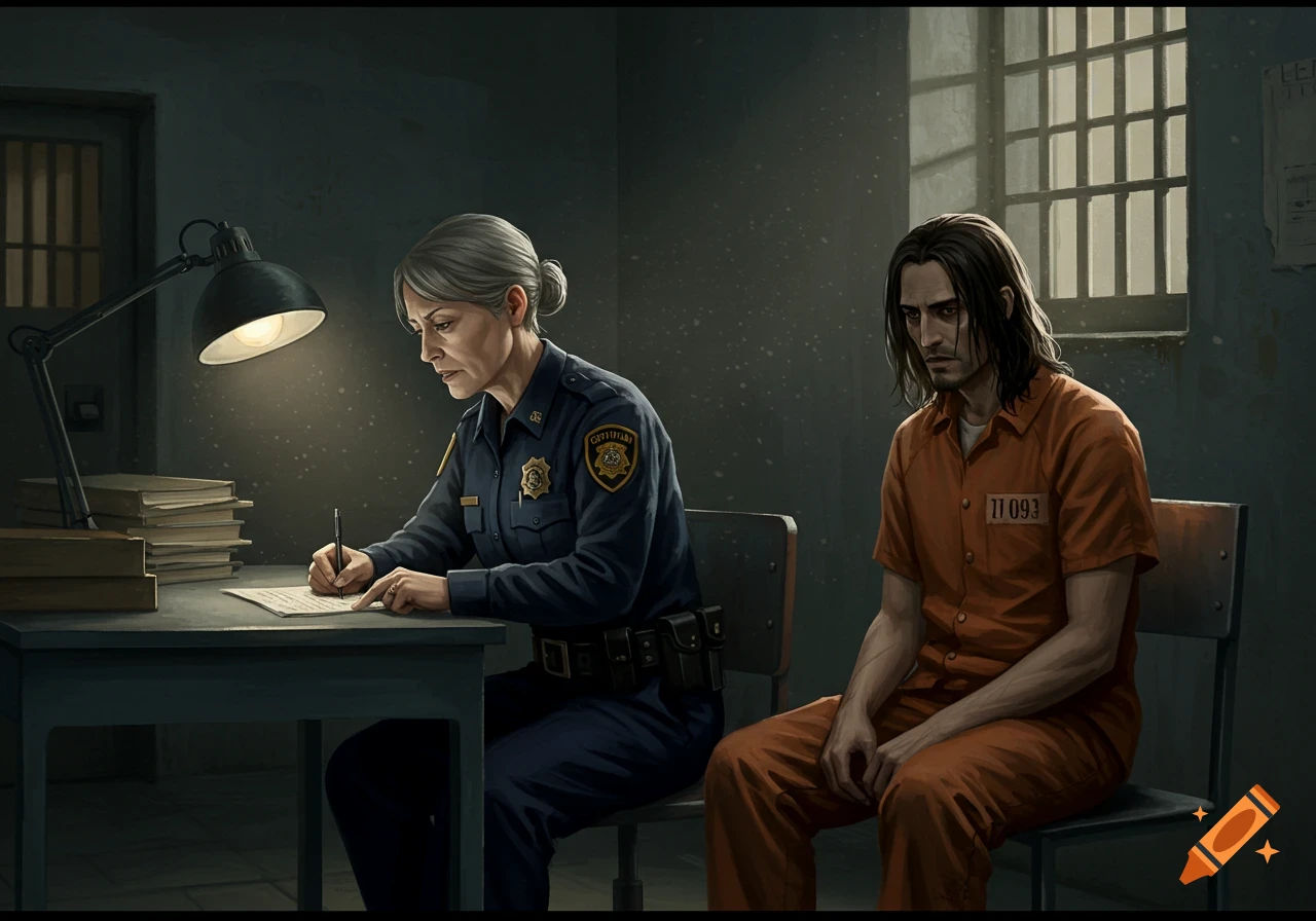 A correction officer writes at a desk opposite an inmate in a dimly lit jail cell.