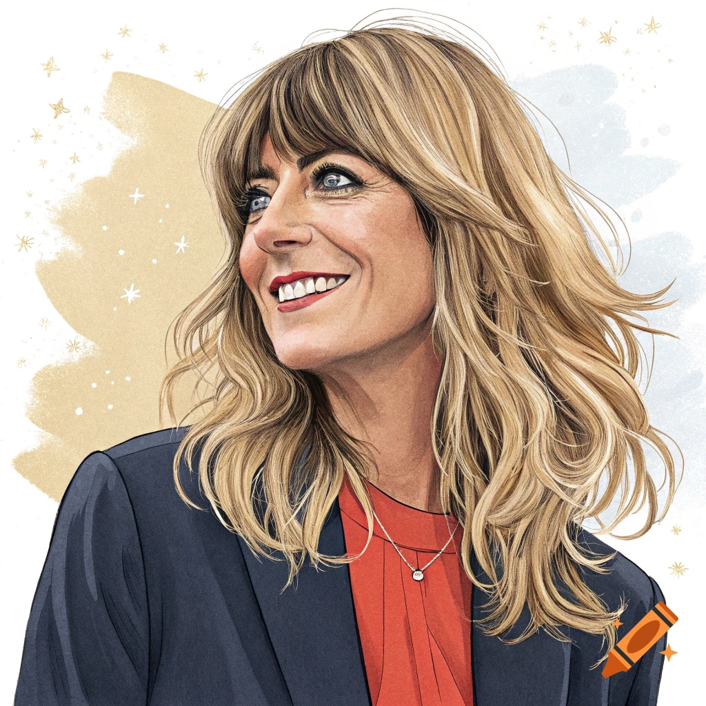 An illustration of a smiling woman with blonde hair and blue eyes, wearing a dark blazer and red top, against a light background.