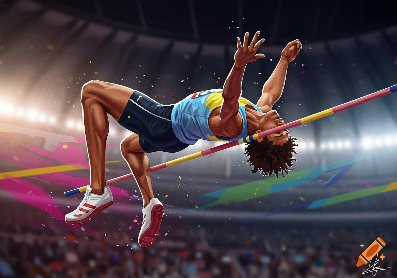 A male high jumper arches over the bar in a stadium, with colorful confetti and streaks in a vibrant illustration style.