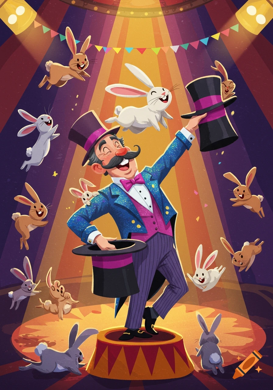 A cartoon magician in a blue suit and top hat performs a trick, surrounded by many happy rabbits jumping around on a circus stage.