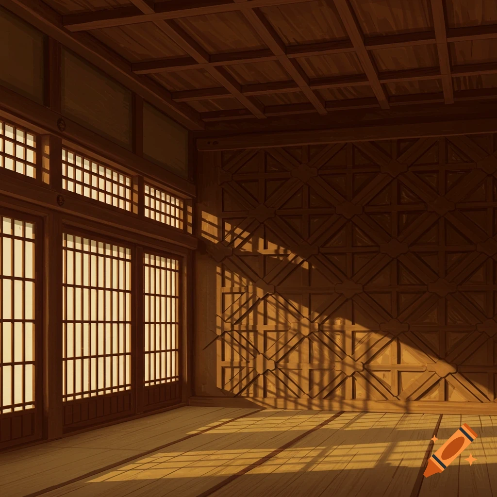 Traditional Japanese room with wooden screens and walls, sunlight casting shadows on the floor.