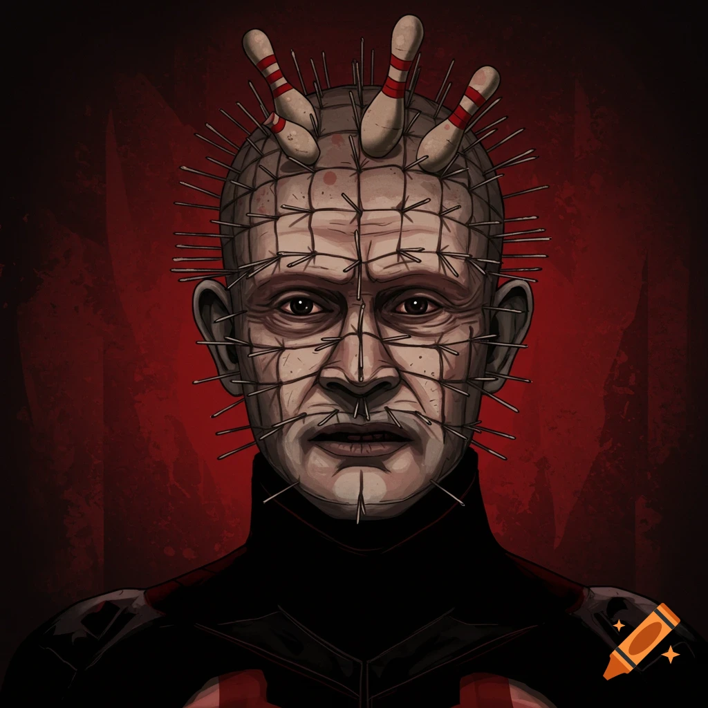 Stylized illustration of Pinhead from Hellraiser, with bowling pins instead of usual pins on his head, against a red background.