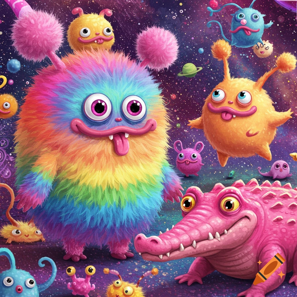 A vibrant, colorful scene of fluffy monsters and a pink alligator in a whimsical cosmic landscape.