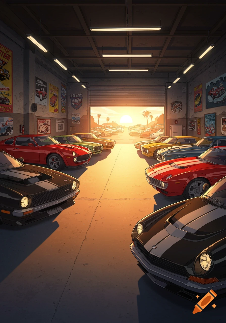 An illustrative view inside a classic car garage with various vintage cars, looking out to a sunset.