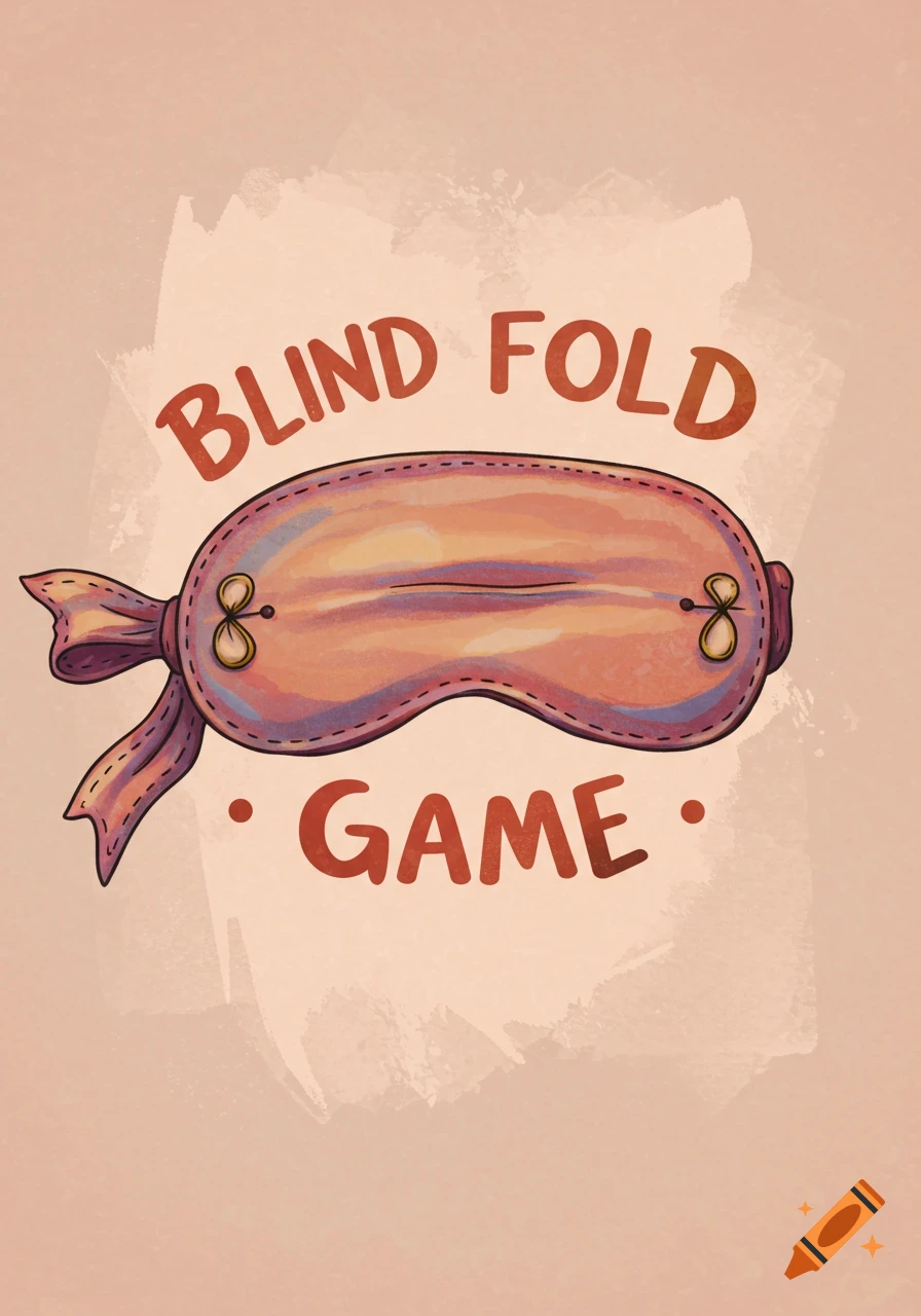 An illustration of a pink blindfold with a decorative bow on a peach background, with the words "BLIND FOLD GAME" written in a playful, reddish-brown font.
