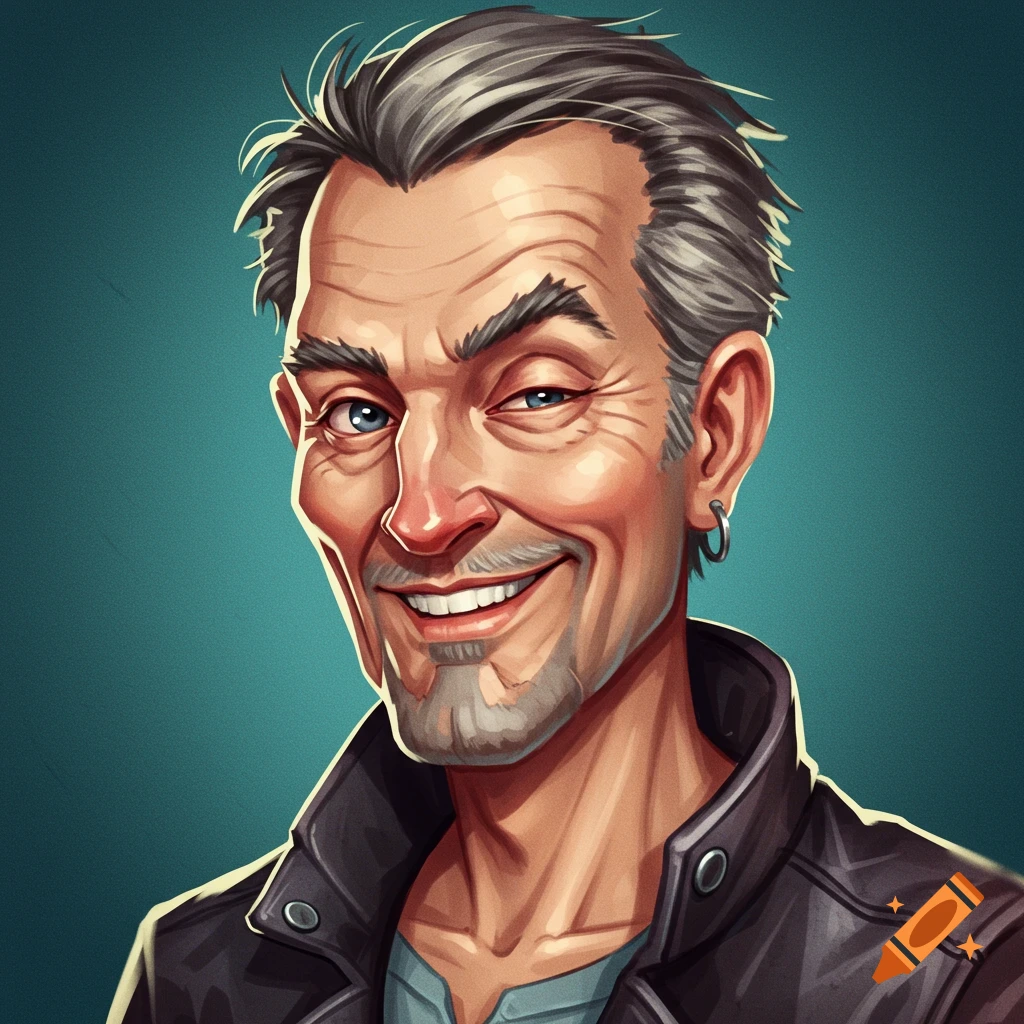 A stylized cartoon portrait of a smiling older man with gray hair, blue eyes, and a goatee, wearing a black leather jacket.
