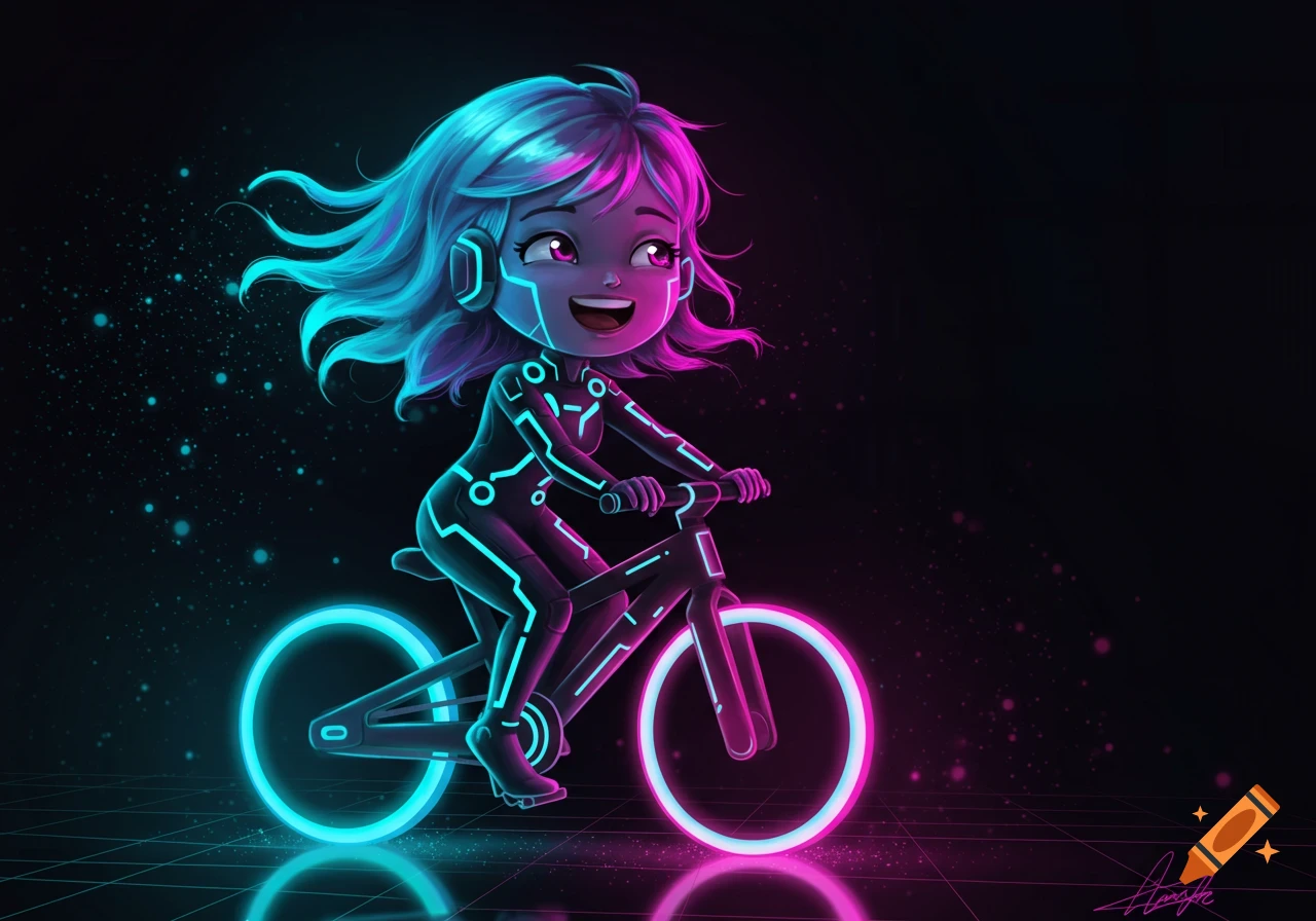 Cartoon girl with glowing blue and pink hair and neon suit rides a futuristic bicycle on a dark grid background.