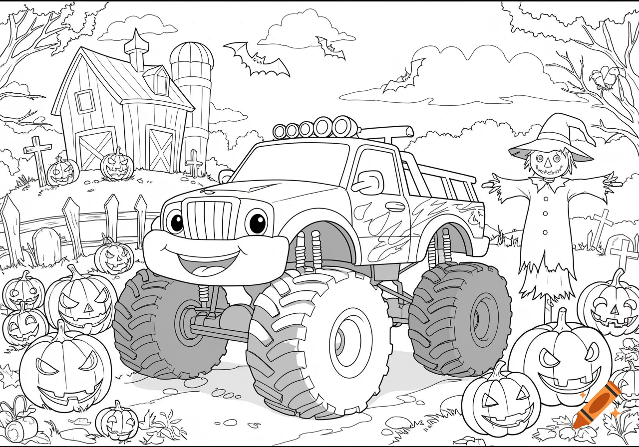 Black and white coloring page featuring a cartoon monster truck with a smiling face in a pumpkin patch with a barn, bats, and a scarecrow.