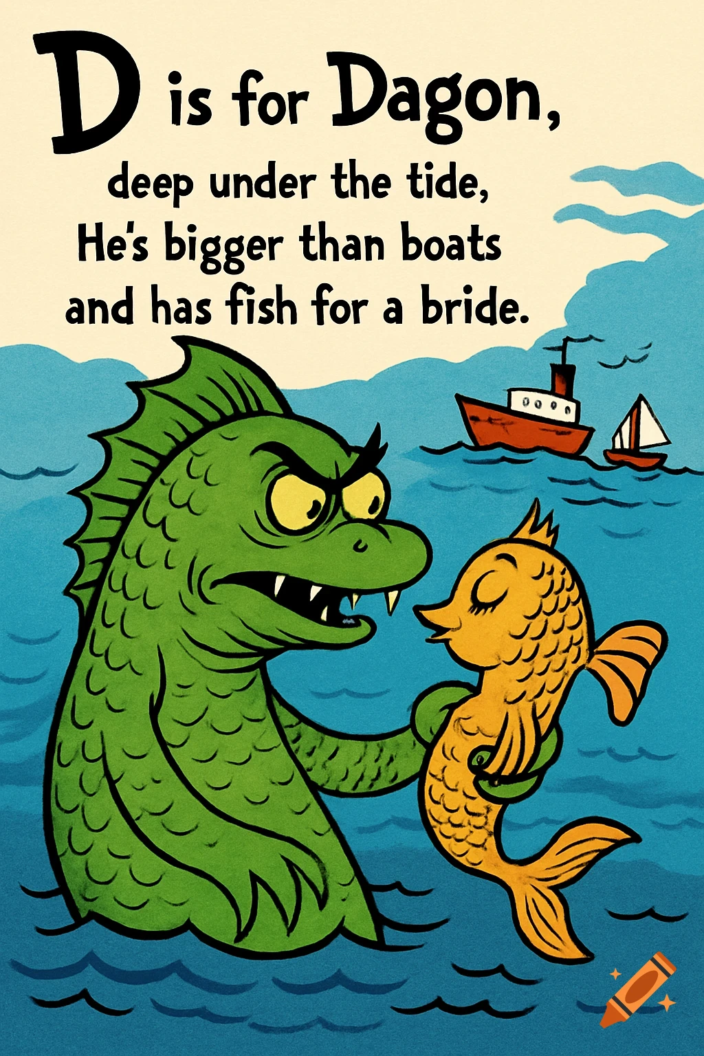A cartoonish green monster, Dagon, holds a golden fish in the ocean, with boats in the background. Text reads: "D is for Dagon, deep under the tide, He’s bigger than boats and has fish for a bride."